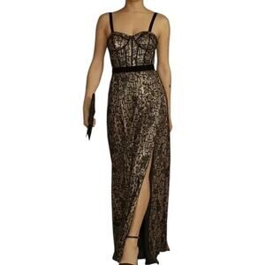 Galina Signature Metallic Lace Corset Maxi Gown w Velvet Trim and Slit size 12
